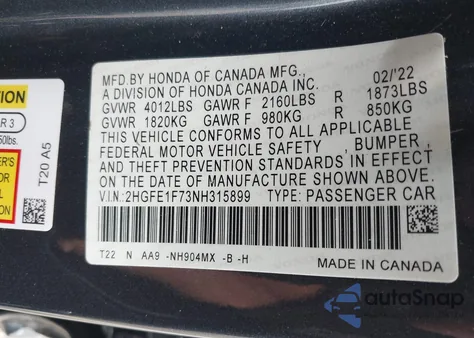 2022 Honda Civic Ex from USA, damaged, VIN 2HGFE1F73NH315899